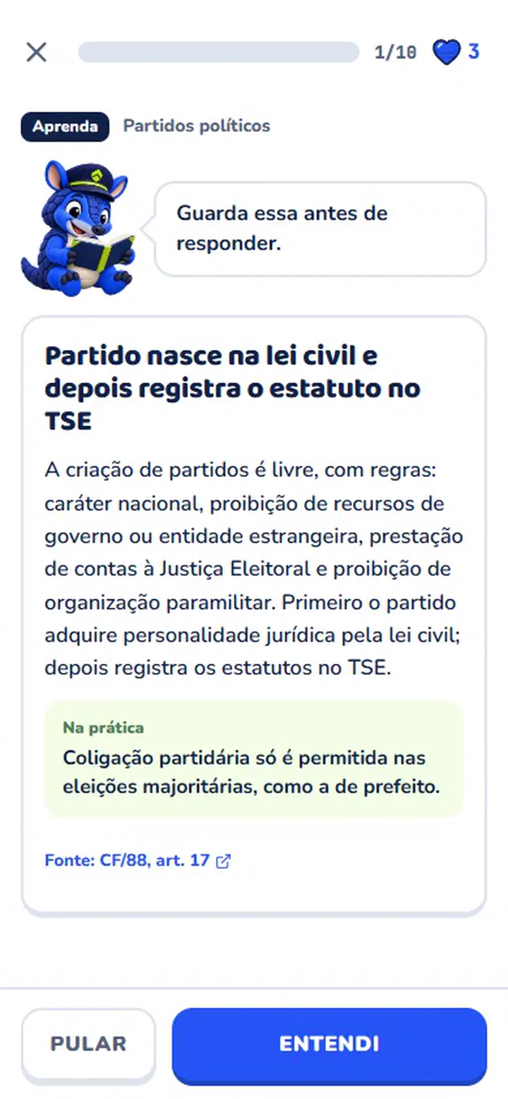 Missão no app: cartão Aprenda, exercício e correção